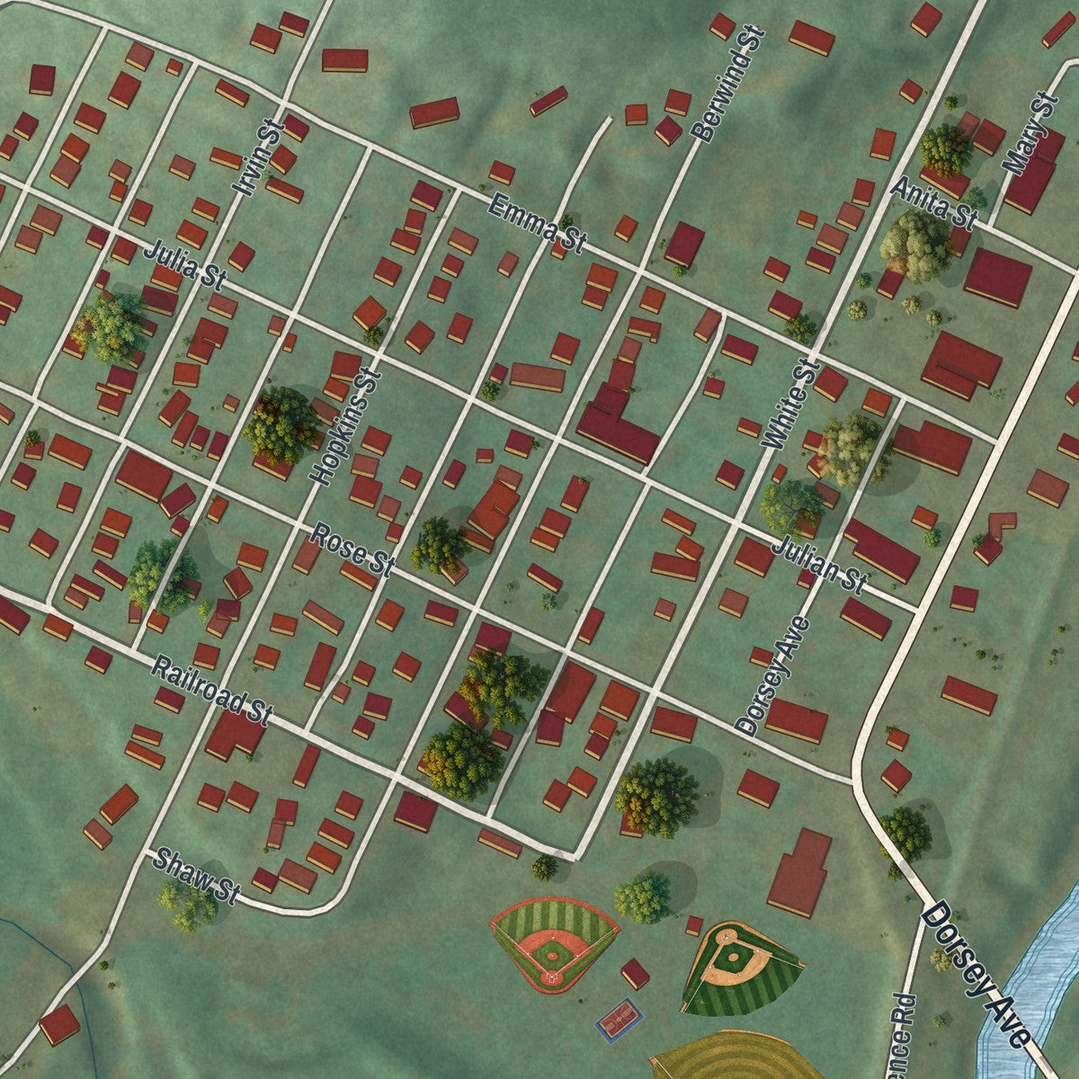 Close-up of the map of Irvona, Pennsylvania print showing street and building detail