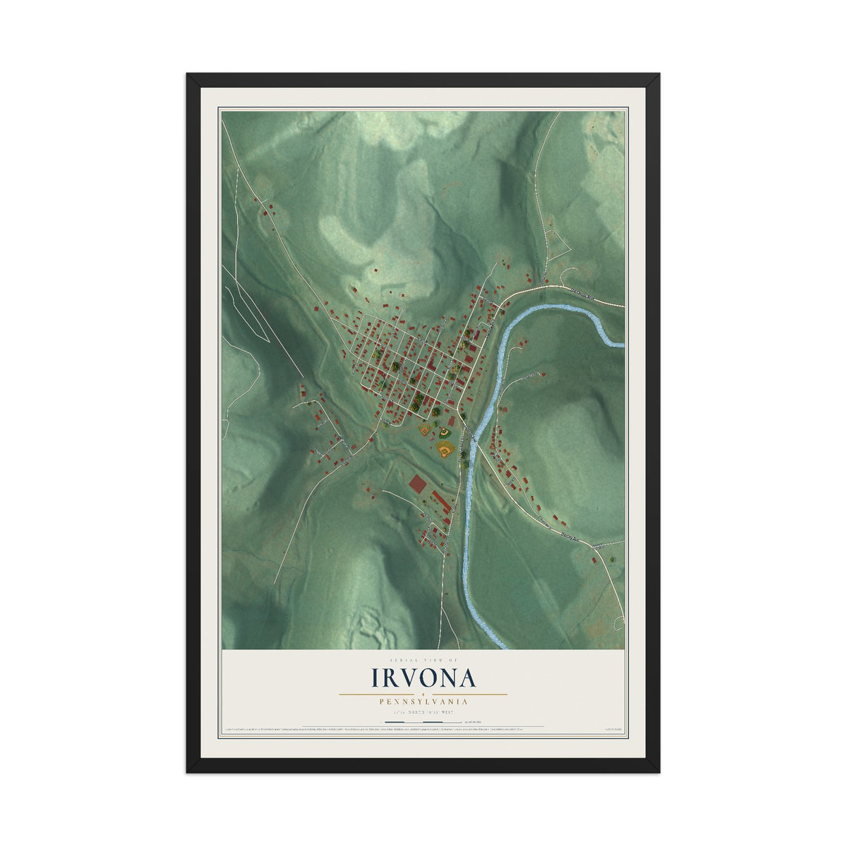 Map of Irvona, Pennsylvania, 12 x 18 inch print in a black wood frame