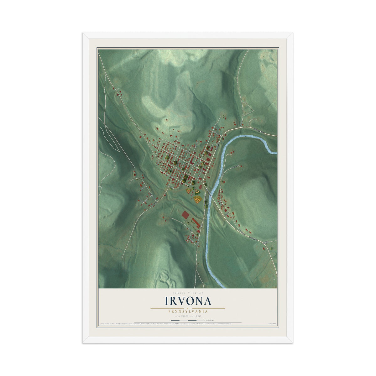 Map of Irvona, Pennsylvania, 12 x 18 inch print in a white wood frame