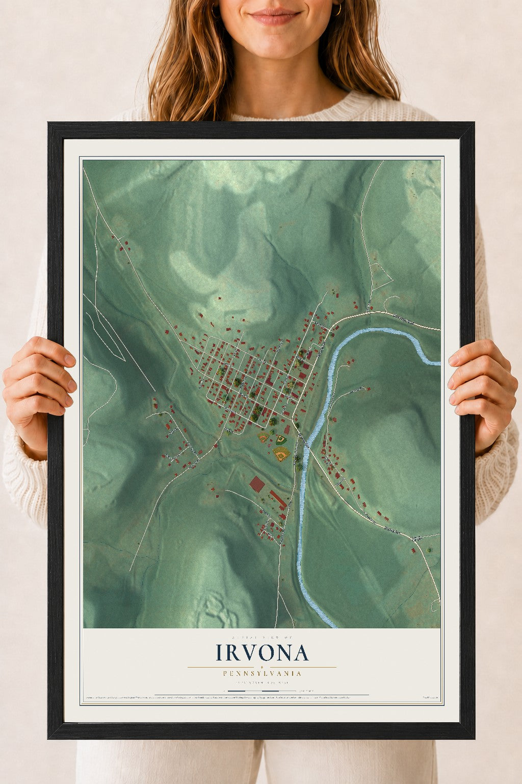 Map of Irvona, Pennsylvania, 18 x 24 inch print in a black wood frame