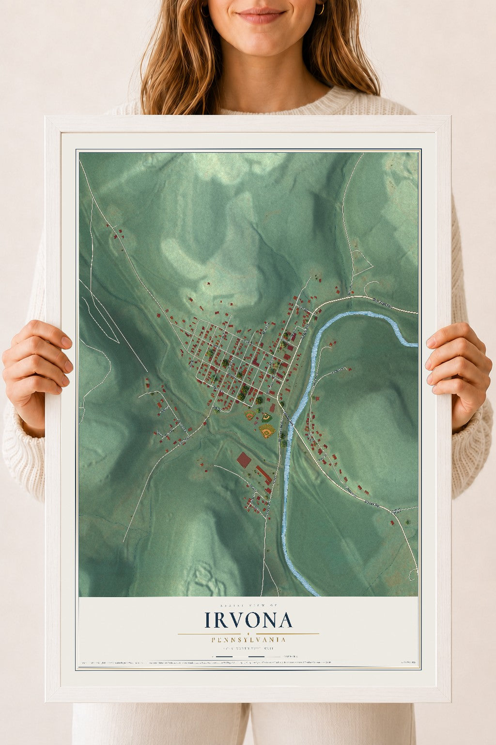Map of Irvona, Pennsylvania, 18 x 24 inch print in a white wood frame