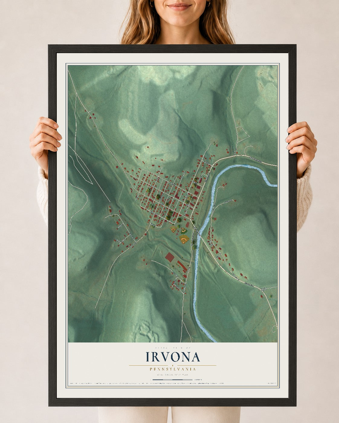 Map of Irvona, Pennsylvania, 24 x 36 inch print in a black wood frame
