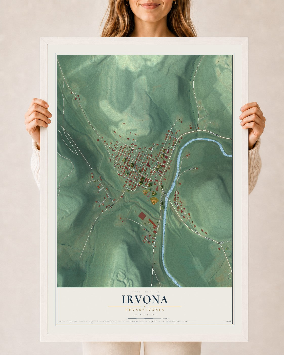 Map of Irvona, Pennsylvania, 24 x 36 inch print in a white wood frame
