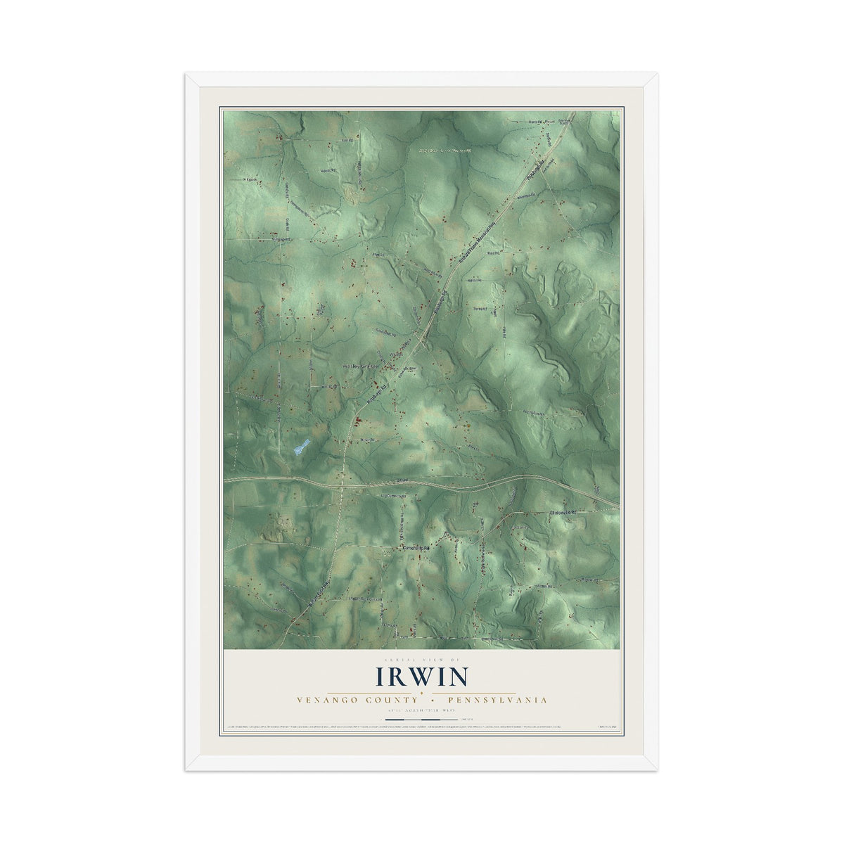 Map of Irwin, Venango County, Pennsylvania, 12 x 18 inch print in a white wood frame