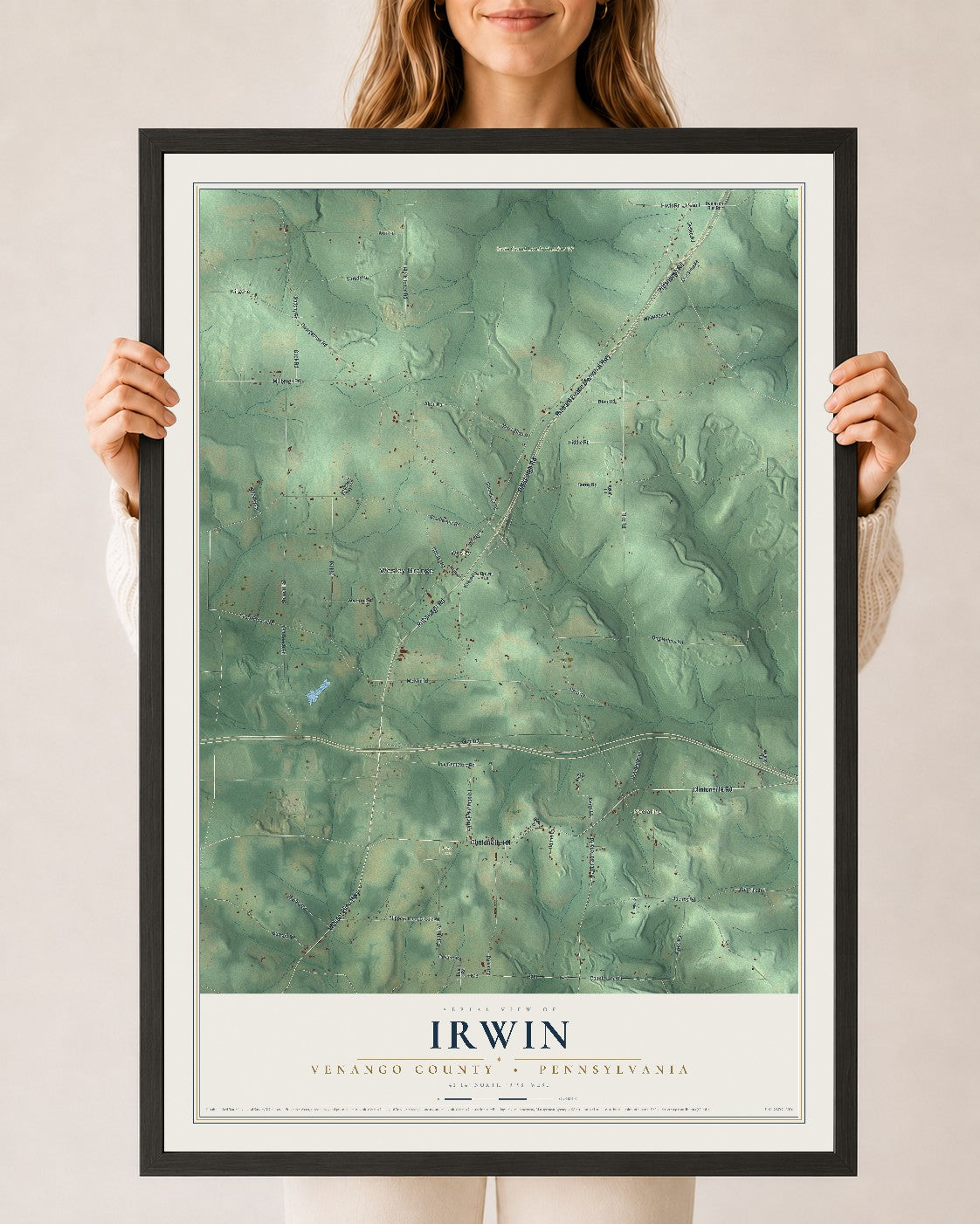 Map of Irwin, Venango County, Pennsylvania, 24 x 36 inch print in a black wood frame