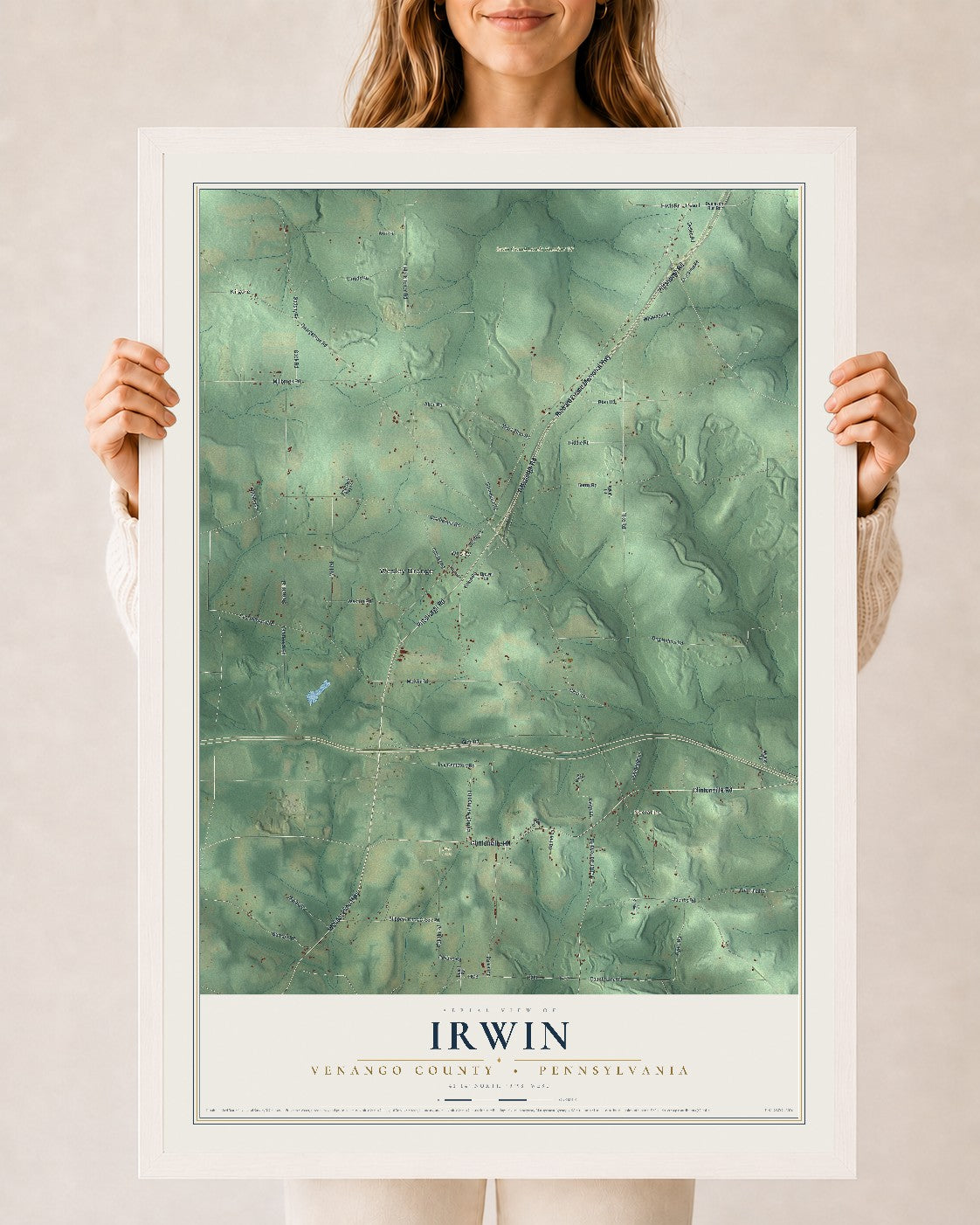 Map of Irwin, Venango County, Pennsylvania, 24 x 36 inch print in a white wood frame