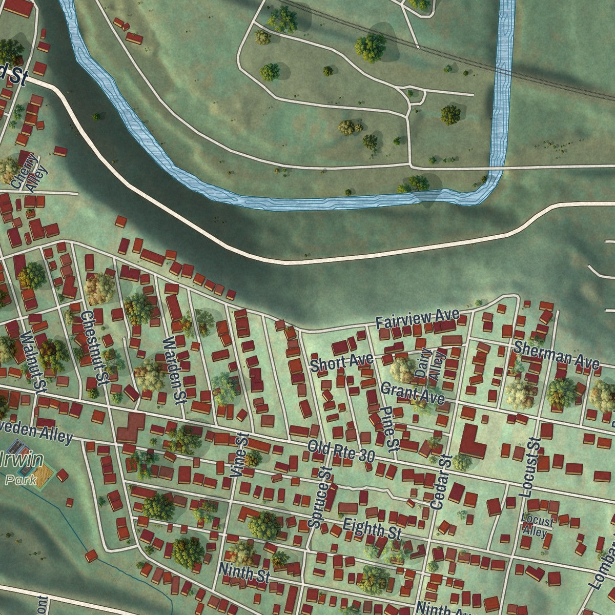 Close-up of the map of Irwin, Westmoreland County, Pennsylvania print showing street and building detail