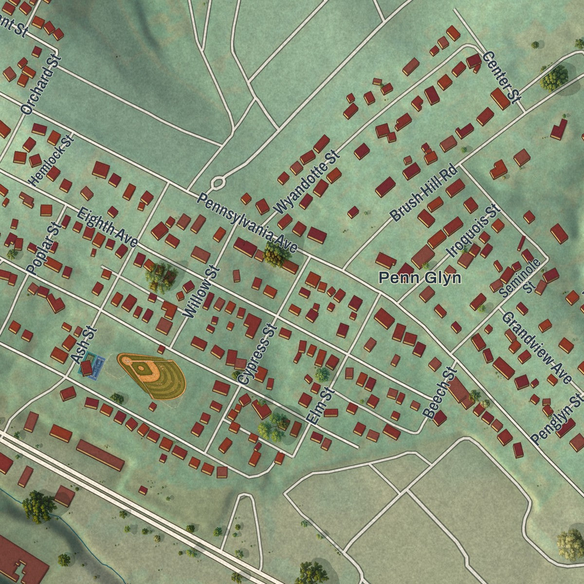 Second close-up of the map of Irwin, Westmoreland County, Pennsylvania print showing more streets and buildings
