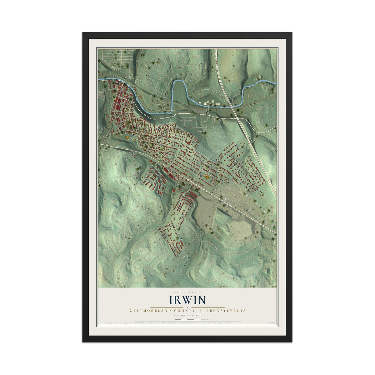 Map of Irwin, Westmoreland County, Pennsylvania, 12 x 18 inch print in a black wood frame