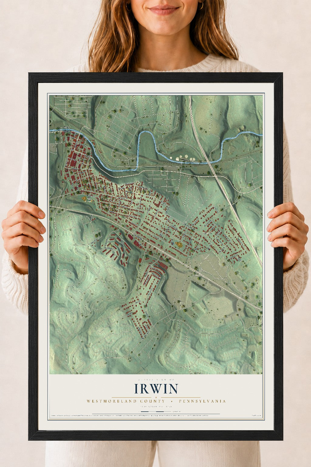 Map of Irwin, Westmoreland County, Pennsylvania, 18 x 24 inch print in a black wood frame