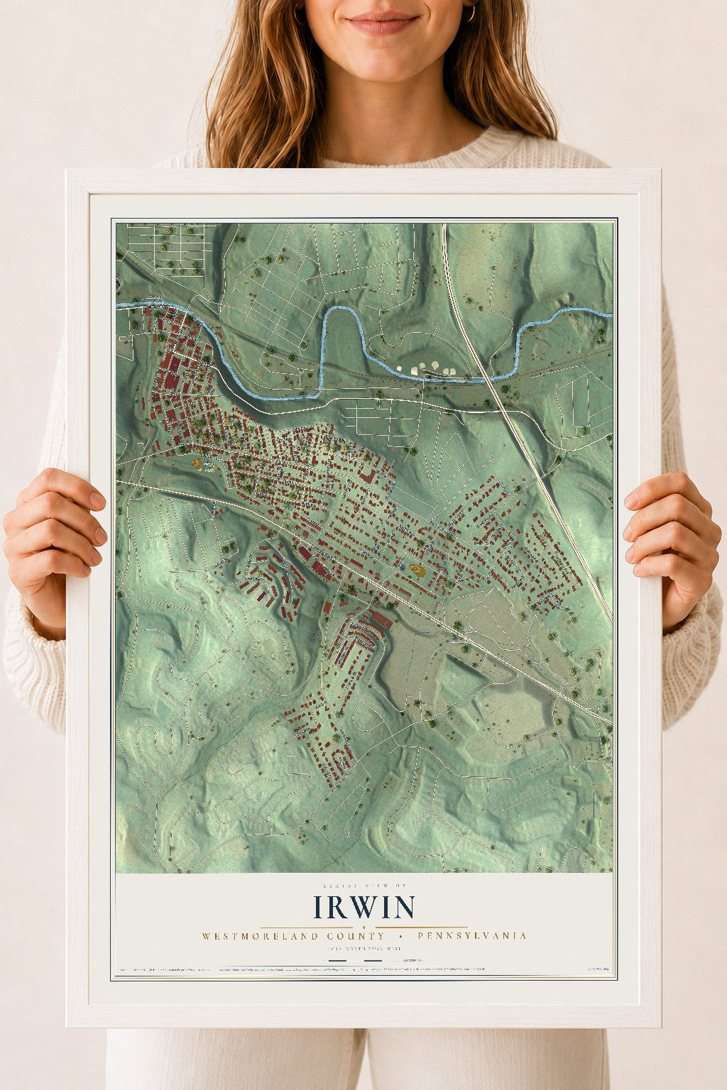 Map of Irwin, Westmoreland County, Pennsylvania, 18 x 24 inch print in a white wood frame
