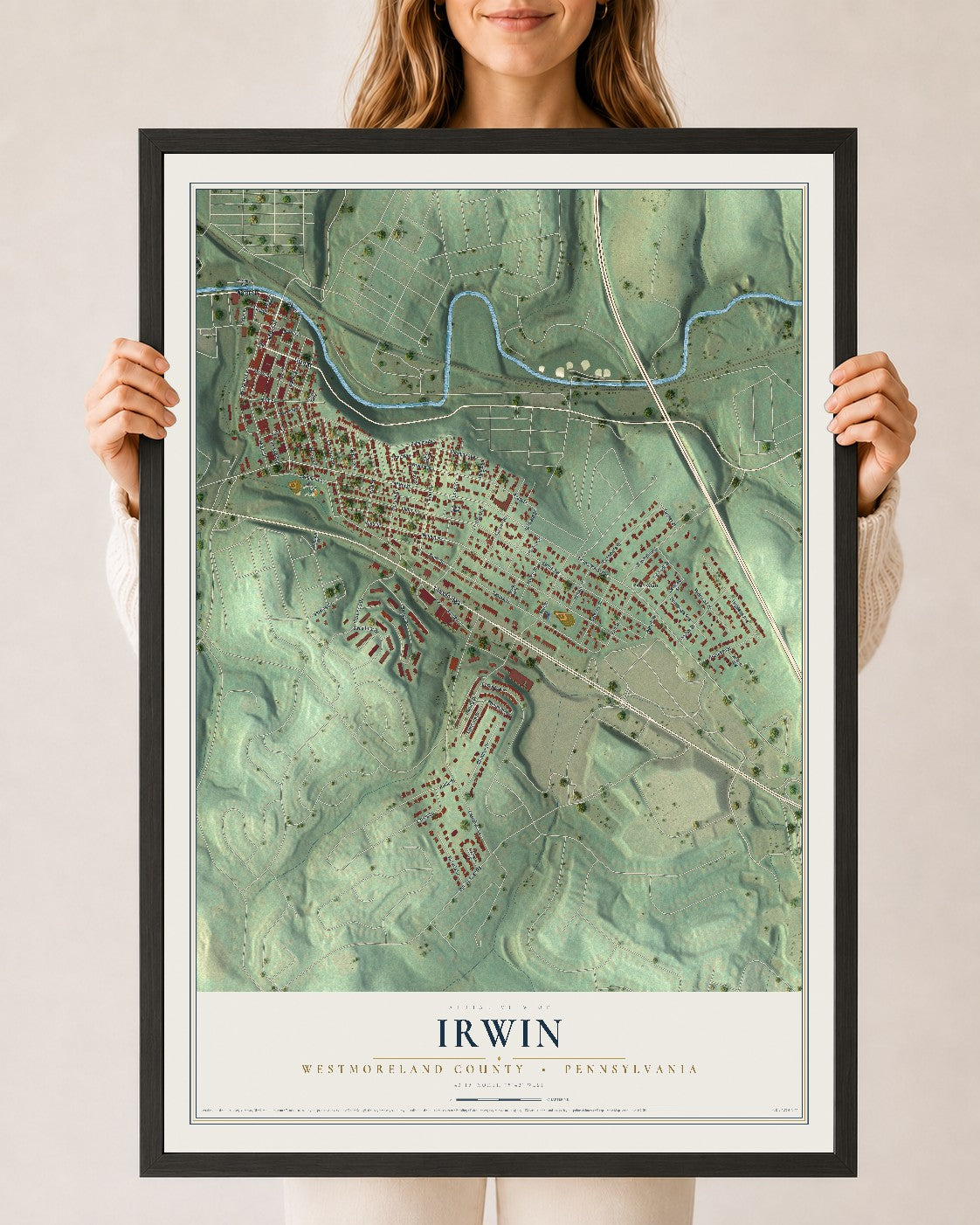 Map of Irwin, Westmoreland County, Pennsylvania, 24 x 36 inch print in a black wood frame