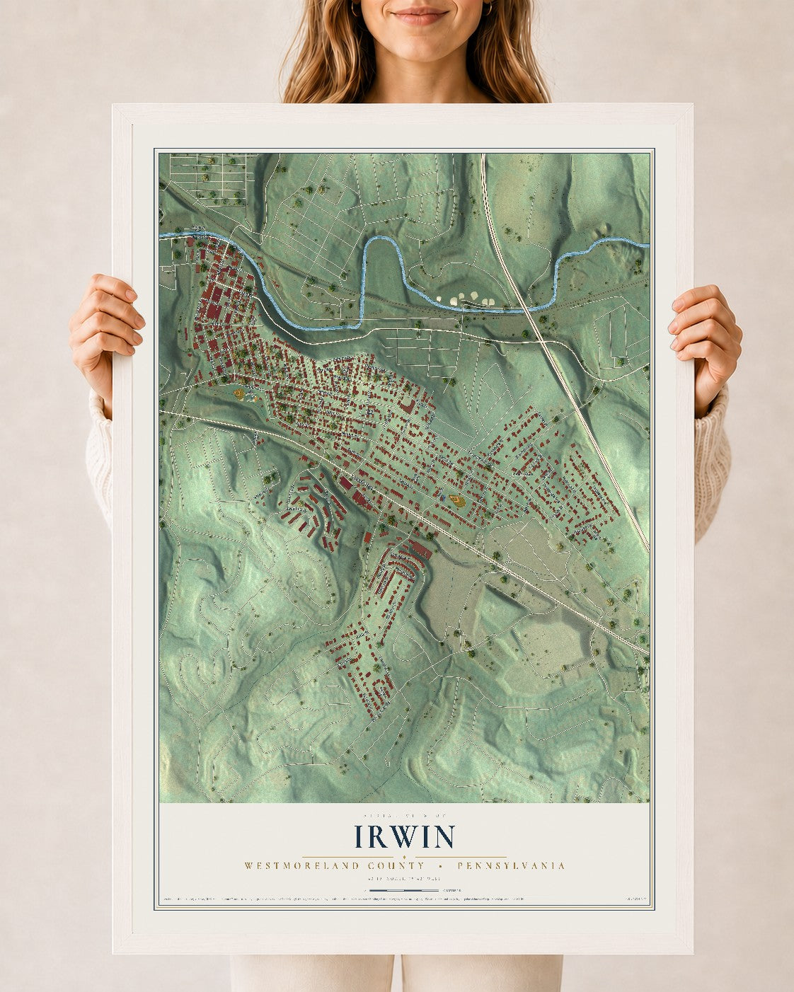 Map of Irwin, Westmoreland County, Pennsylvania, 24 x 36 inch print in a white wood frame