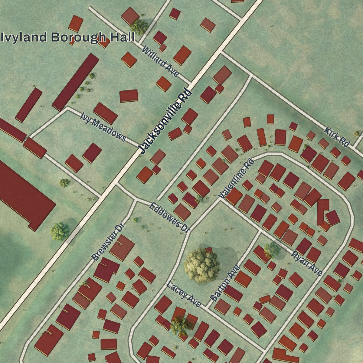 Close-up of the map of Ivyland, Pennsylvania print showing street and building detail
