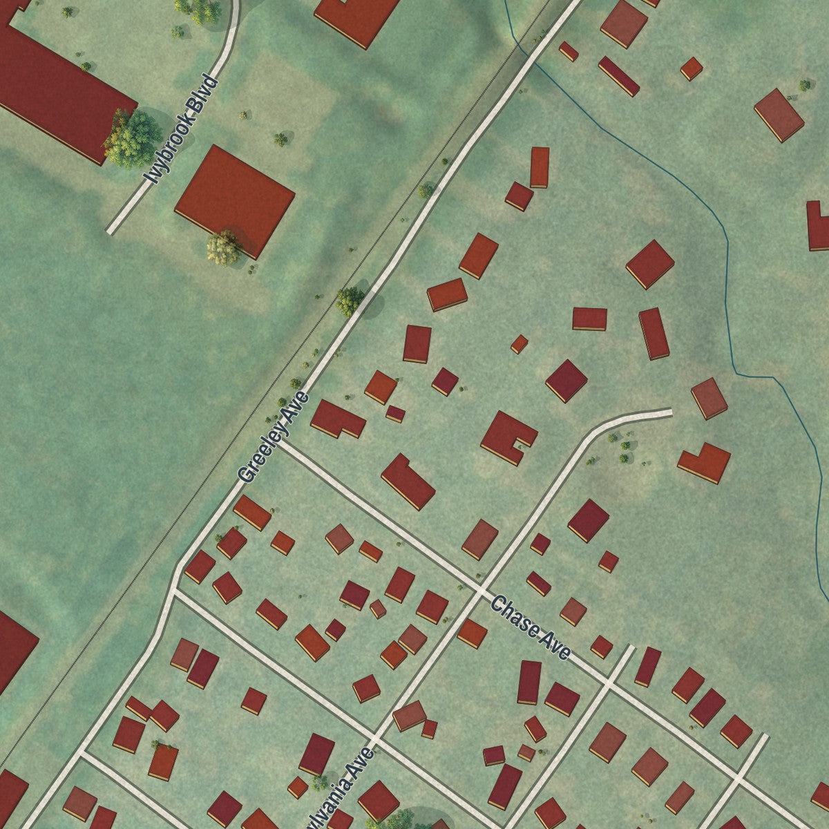 Second close-up of the map of Ivyland, Pennsylvania print showing more streets and buildings