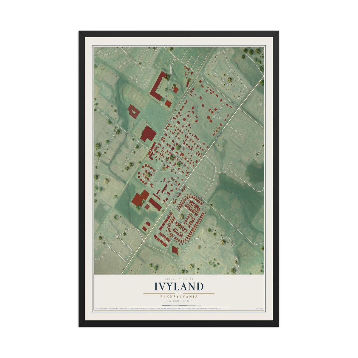 Map of Ivyland, Pennsylvania, 12 x 18 inch print in a black wood frame