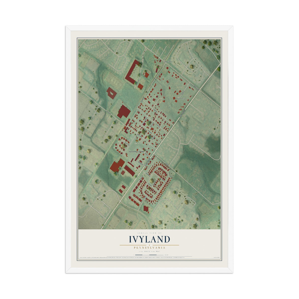 Map of Ivyland, Pennsylvania, 12 x 18 inch print in a white wood frame