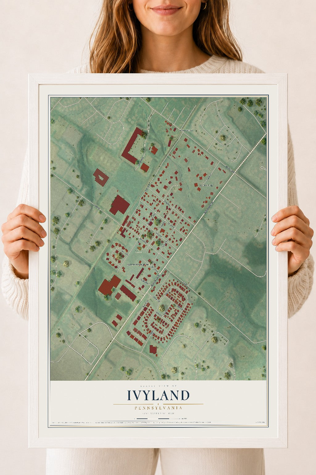 Map of Ivyland, Pennsylvania, 18 x 24 inch print in a white wood frame