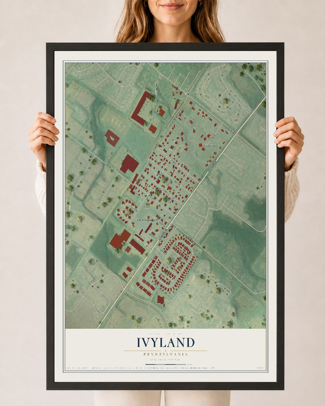 Map of Ivyland, Pennsylvania, 24 x 36 inch print in a black wood frame