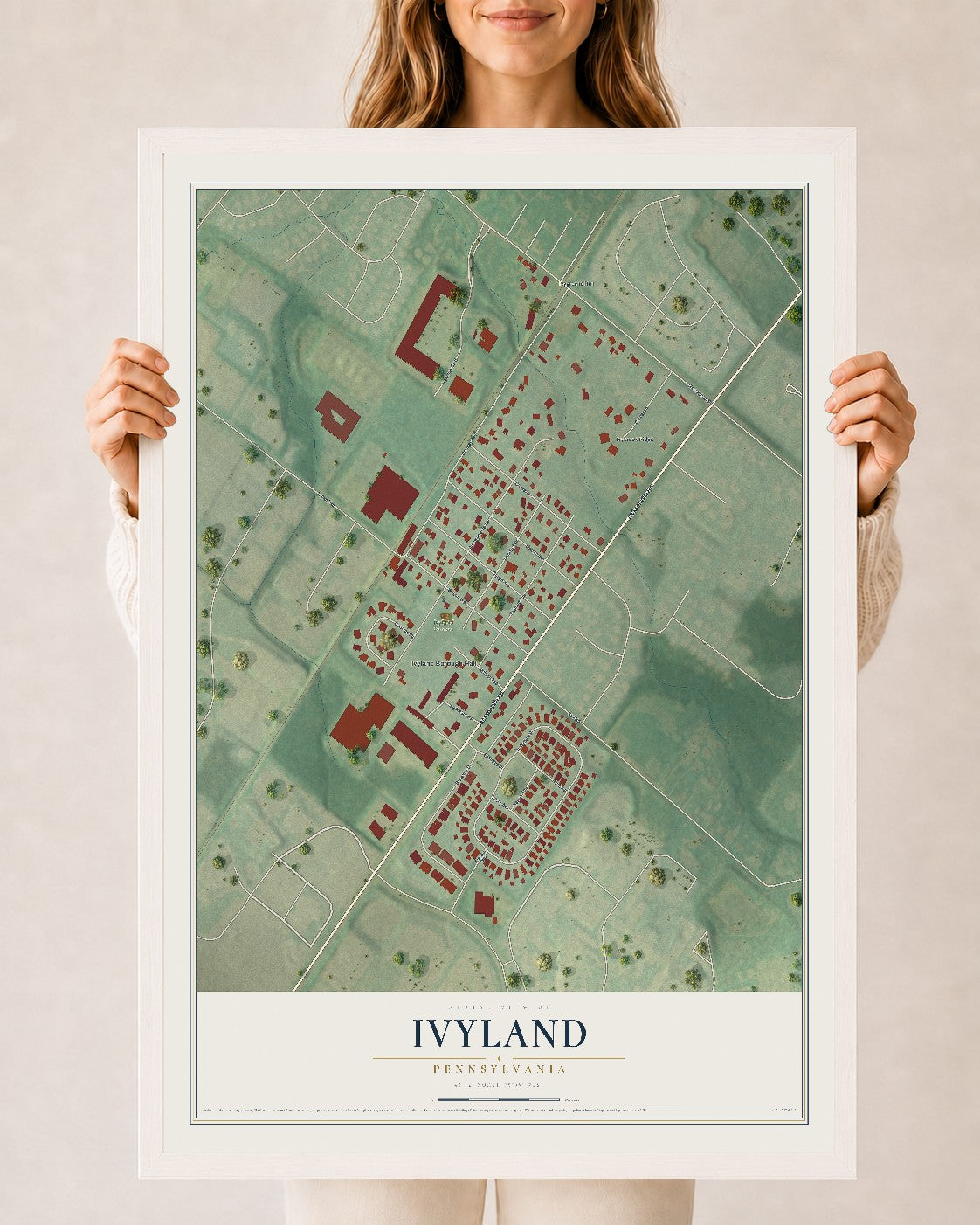 Map of Ivyland, Pennsylvania, 24 x 36 inch print in a white wood frame