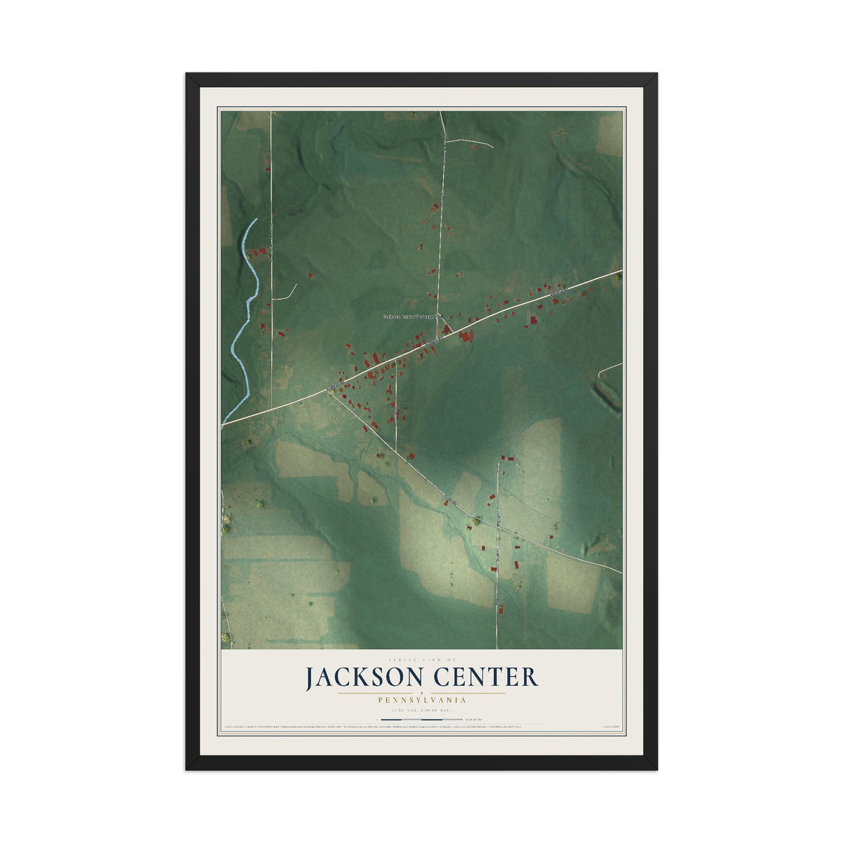 Map of Jackson Center, Pennsylvania, 12 x 18 inch print in a black wood frame