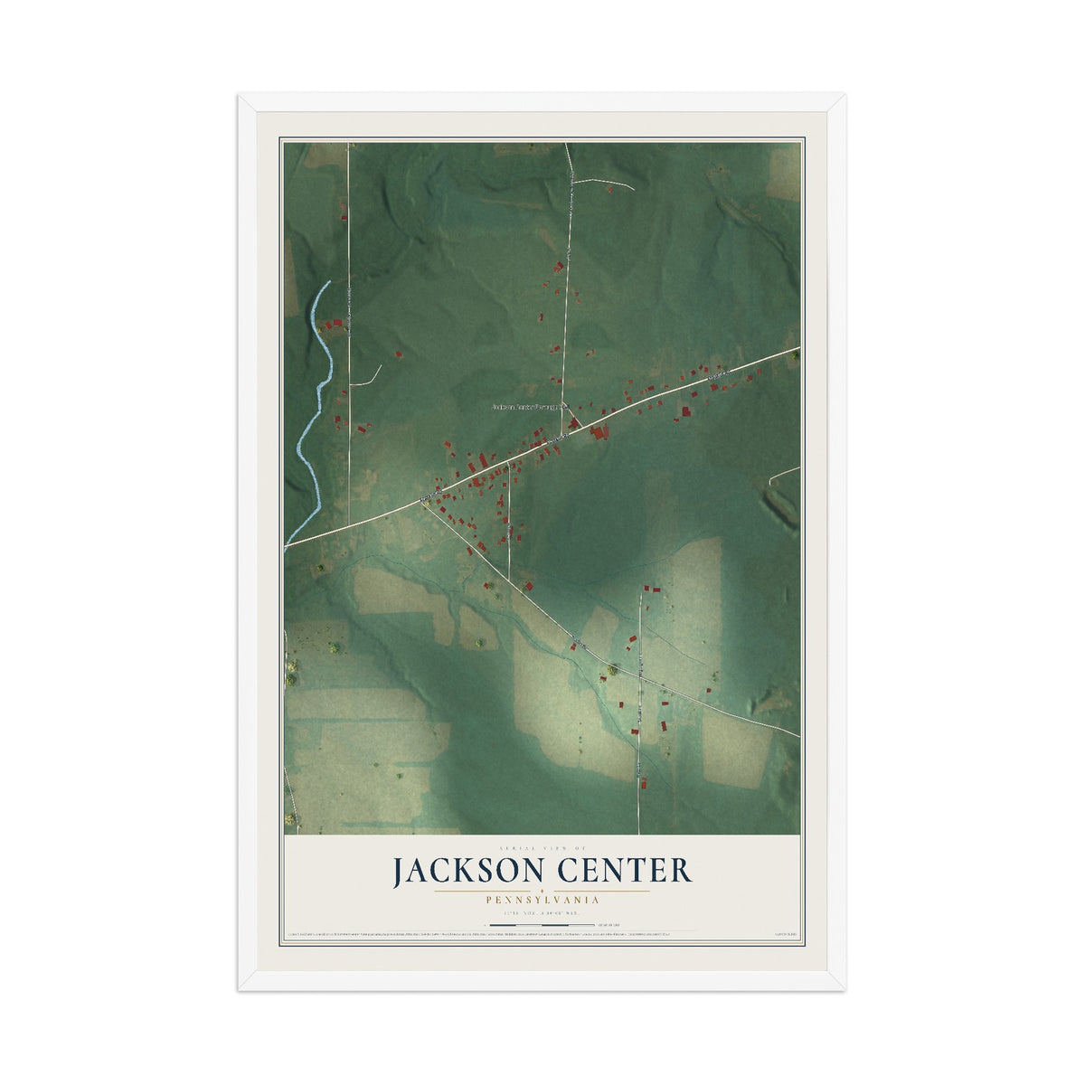 Map of Jackson Center, Pennsylvania, 12 x 18 inch print in a white wood frame