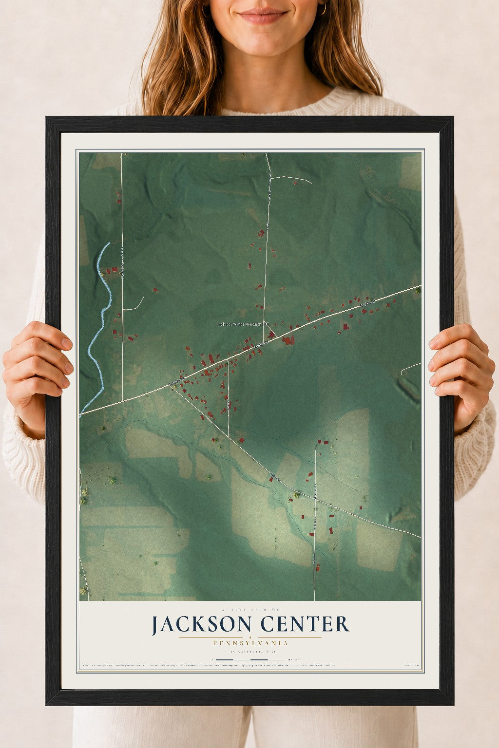 Map of Jackson Center, Pennsylvania, 18 x 24 inch print in a black wood frame