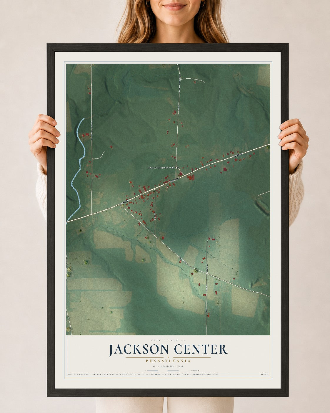 Map of Jackson Center, Pennsylvania, 24 x 36 inch print in a black wood frame