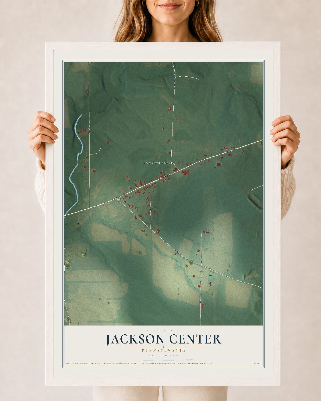 Map of Jackson Center, Pennsylvania, 24 x 36 inch print in a white wood frame