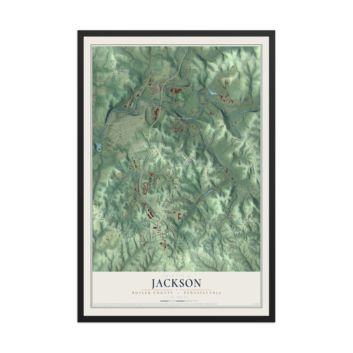 Map of Jackson, Butler County, Pennsylvania, 12 x 18 inch print in a black wood frame