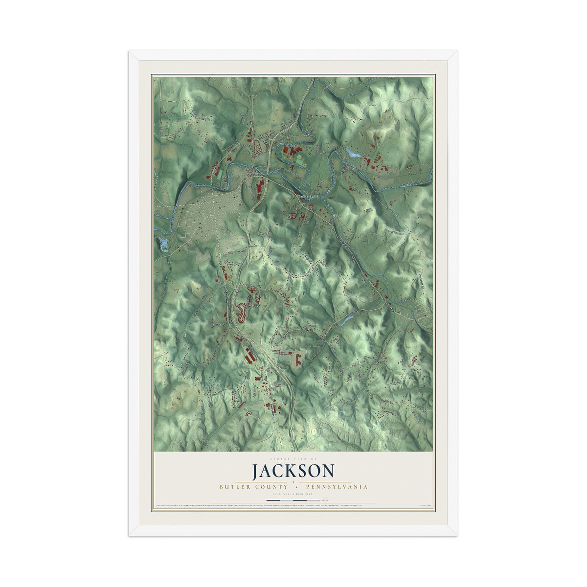 Map of Jackson, Butler County, Pennsylvania, 12 x 18 inch print in a white wood frame
