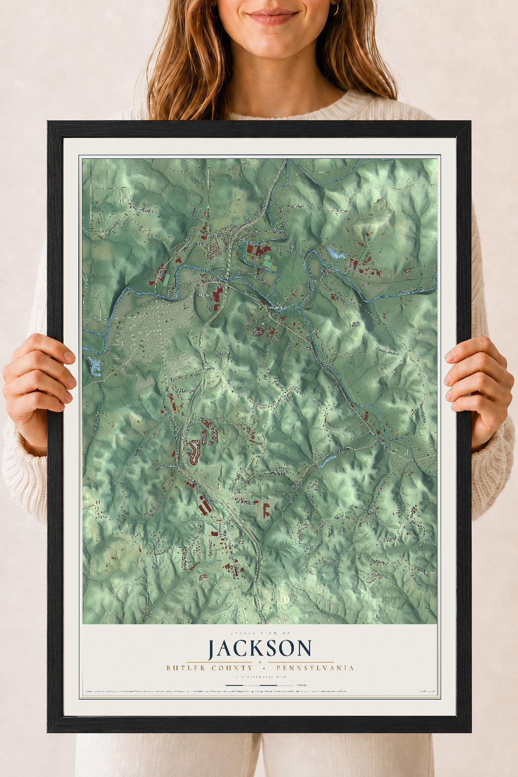 Map of Jackson, Butler County, Pennsylvania, 18 x 24 inch print in a black wood frame