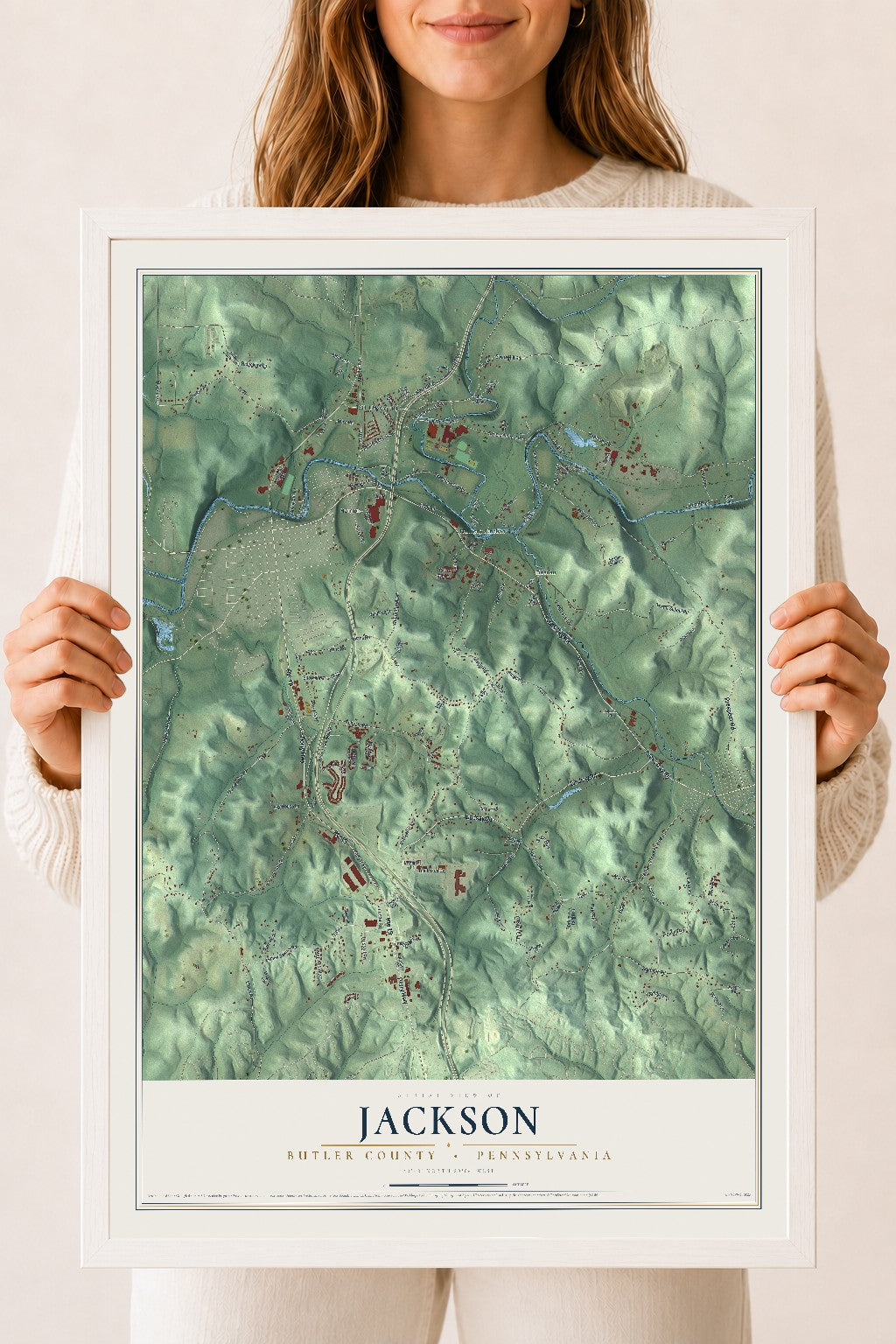 Map of Jackson, Butler County, Pennsylvania, 18 x 24 inch print in a white wood frame