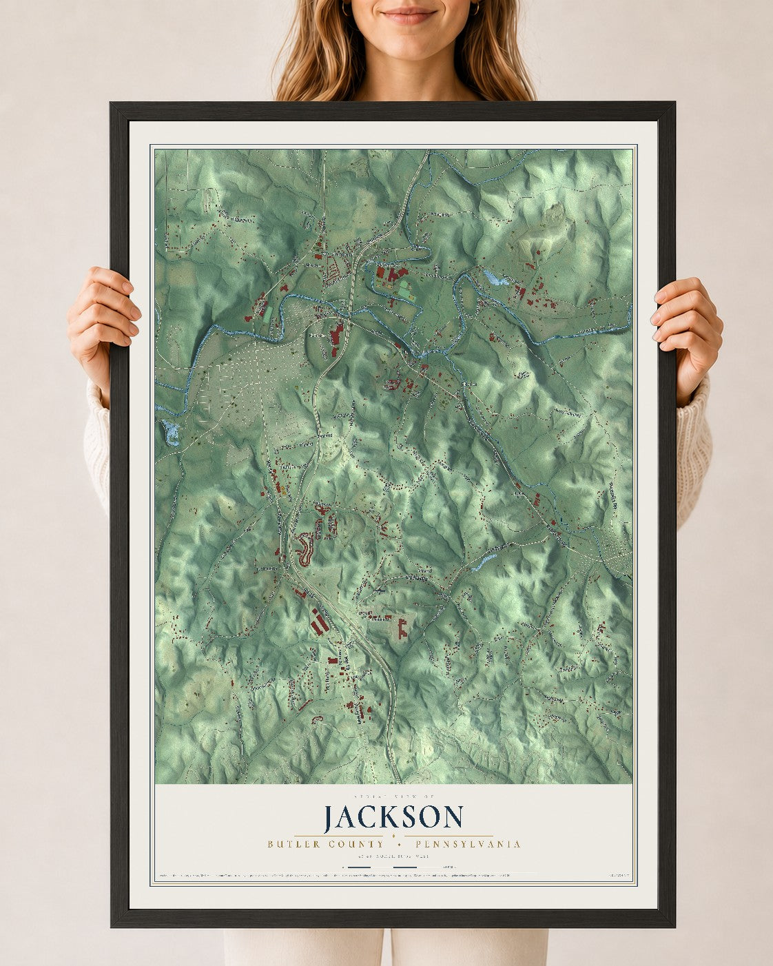 Map of Jackson, Butler County, Pennsylvania, 24 x 36 inch print in a black wood frame