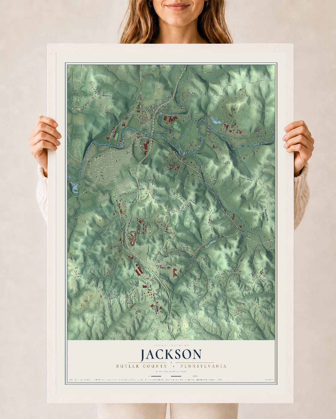 Map of Jackson, Butler County, Pennsylvania, 24 x 36 inch print in a white wood frame
