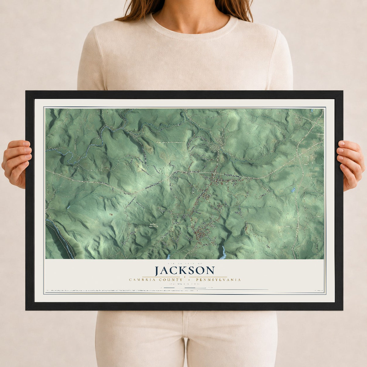 Map of Jackson, Cambria County, Pennsylvania, 12 x 18 inch print in a black wood frame