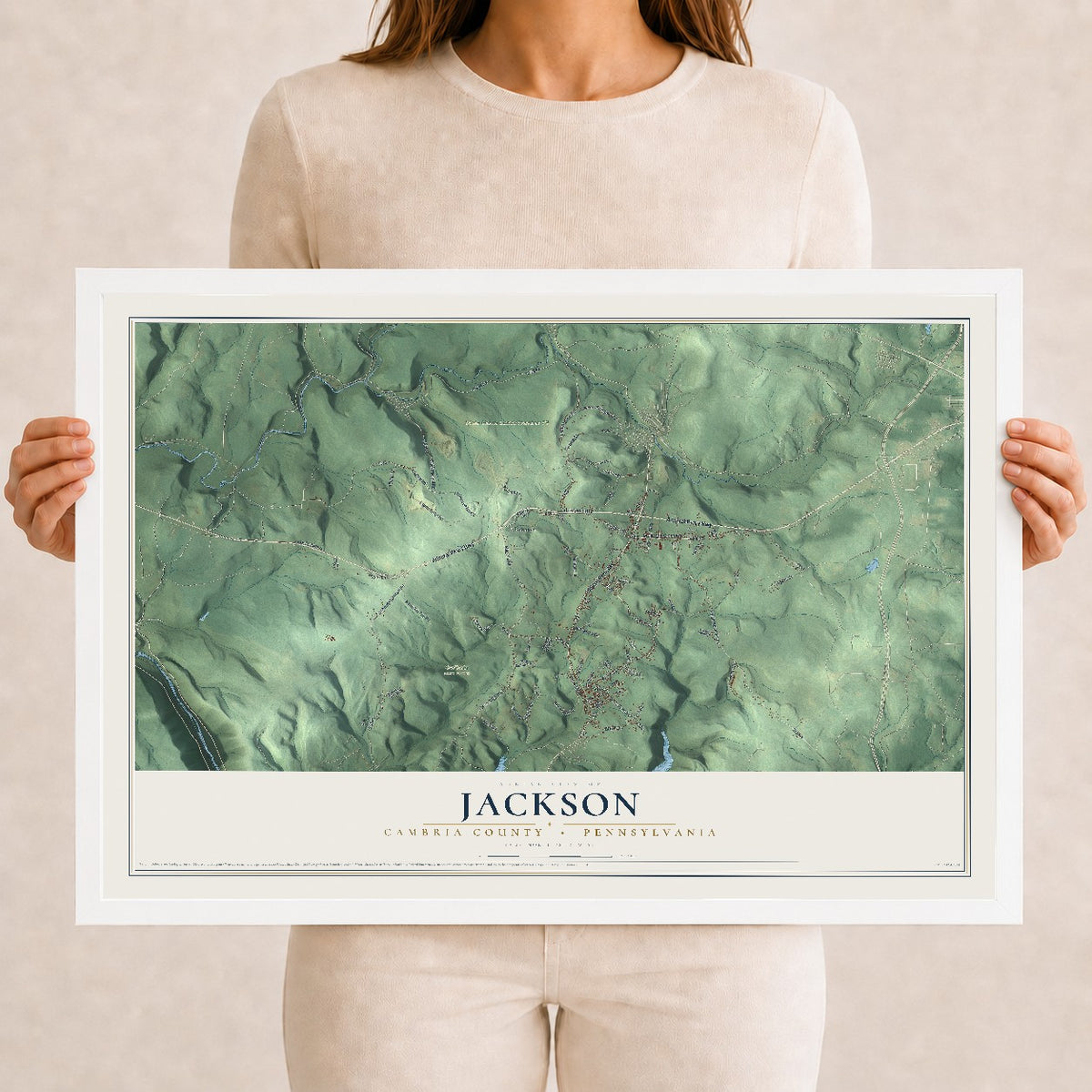 Map of Jackson, Cambria County, Pennsylvania, 12 x 18 inch print in a white wood frame
