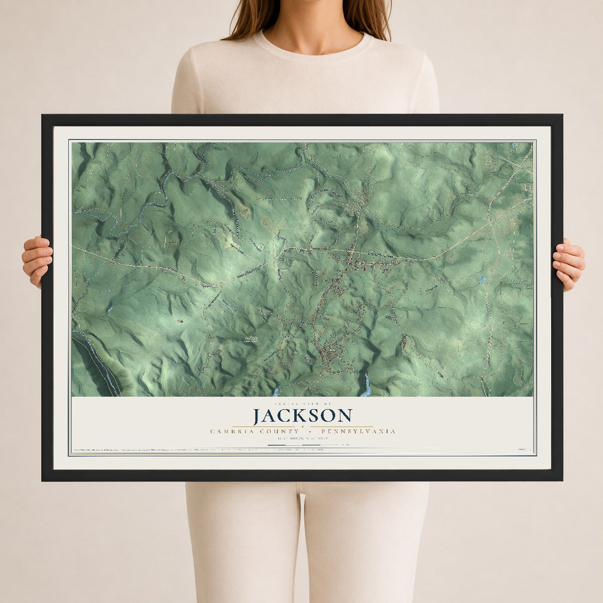 Map of Jackson, Cambria County, Pennsylvania, 24 x 36 inch print in a black wood frame