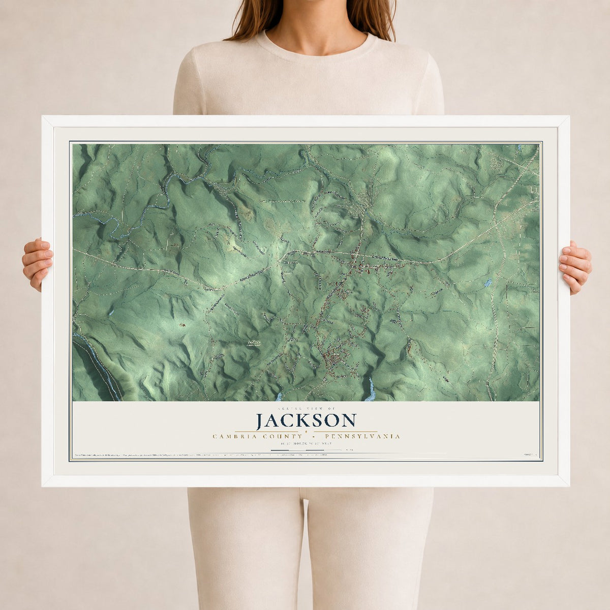 Map of Jackson, Cambria County, Pennsylvania, 24 x 36 inch print in a white wood frame