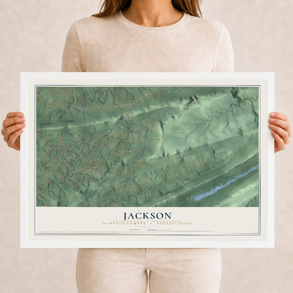 Map of Jackson, Dauphin County, Pennsylvania, 12 x 18 inch print in a white wood frame