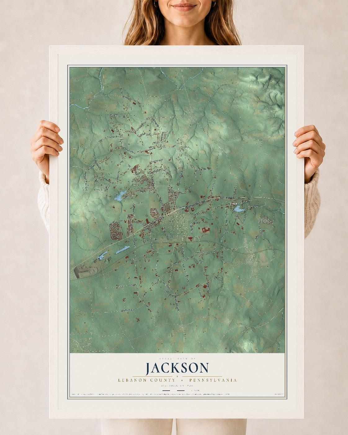 Map of Jackson, Lebanon County, Pennsylvania, 24 x 36 inch print in a white wood frame