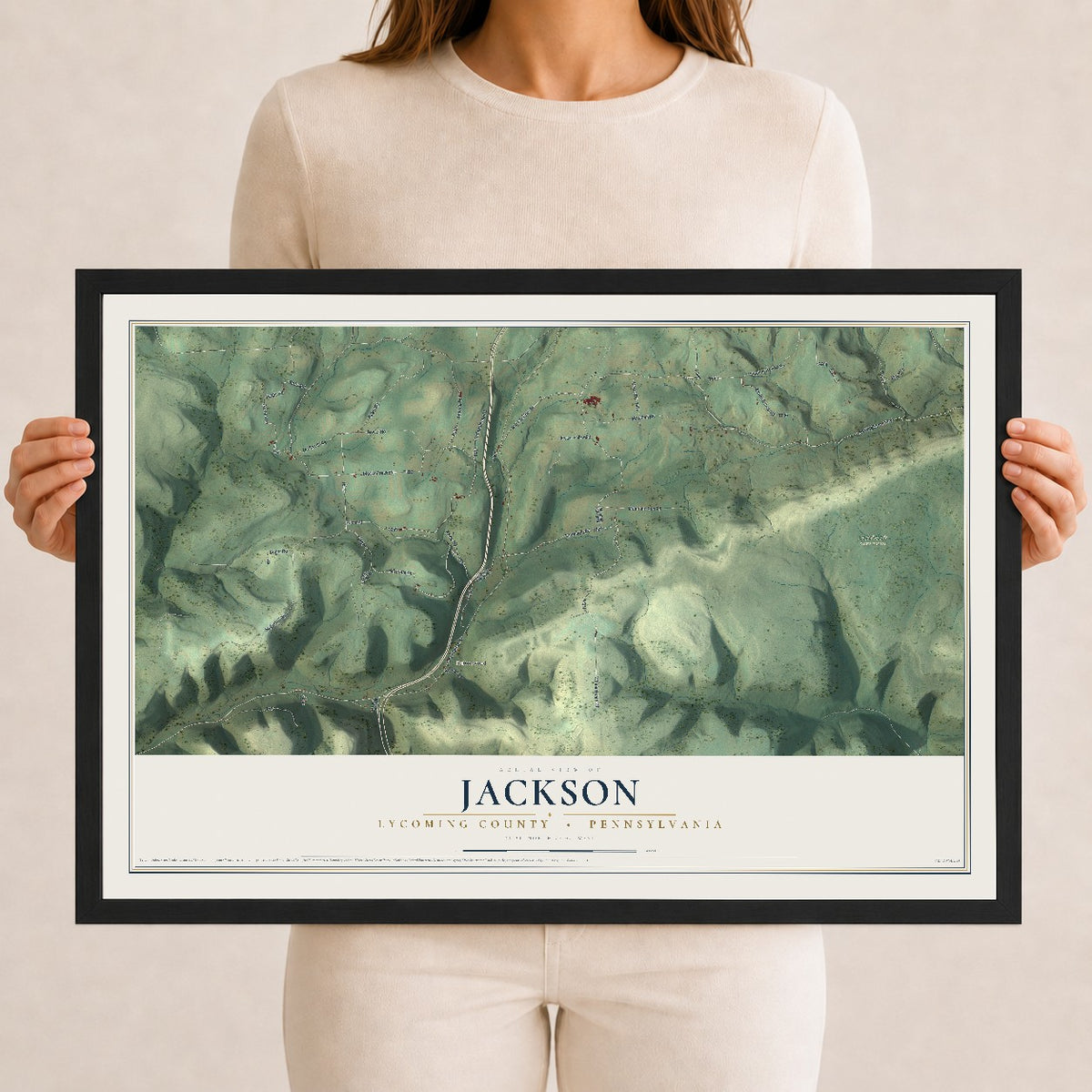 Map of Jackson, Lycoming County, Pennsylvania, 12 x 18 inch print in a black wood frame
