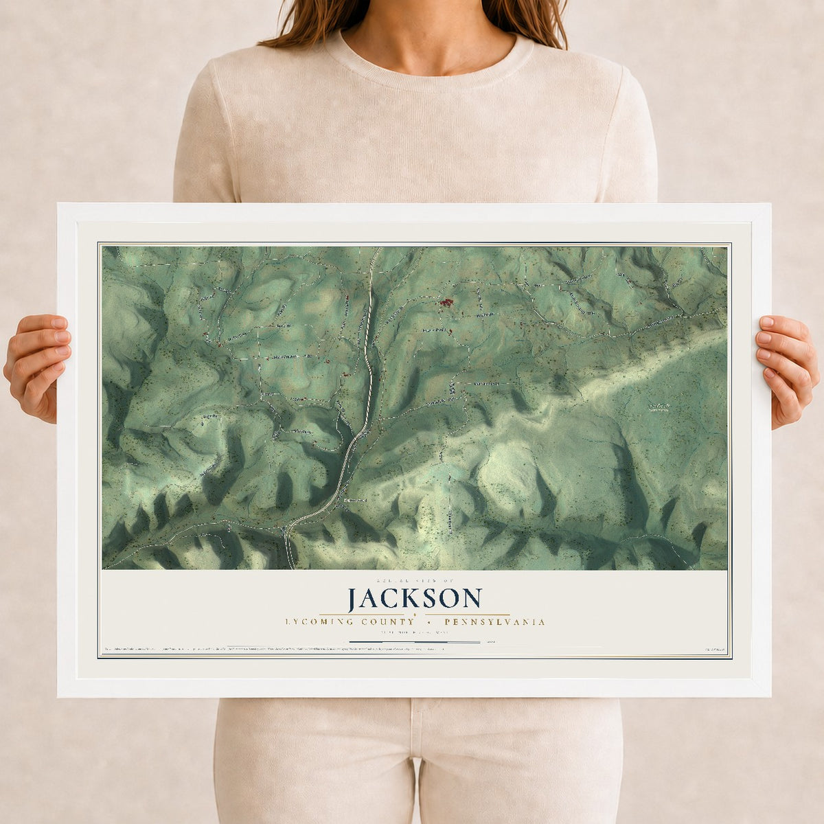 Map of Jackson, Lycoming County, Pennsylvania, 12 x 18 inch print in a white wood frame
