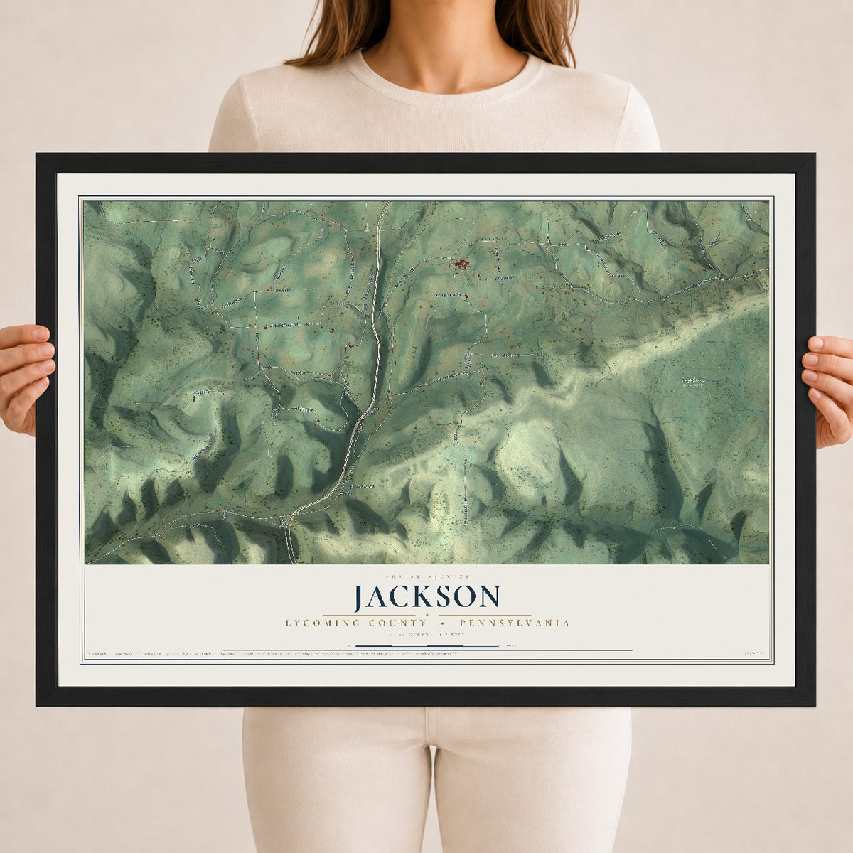 Map of Jackson, Lycoming County, Pennsylvania, 18 x 24 inch print in a black wood frame
