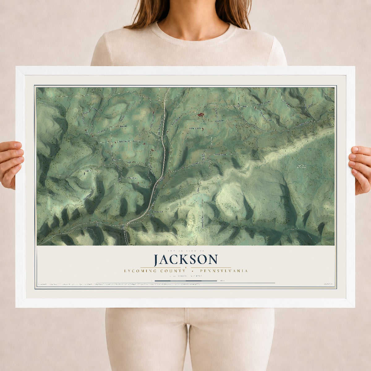 Map of Jackson, Lycoming County, Pennsylvania, 18 x 24 inch print in a white wood frame