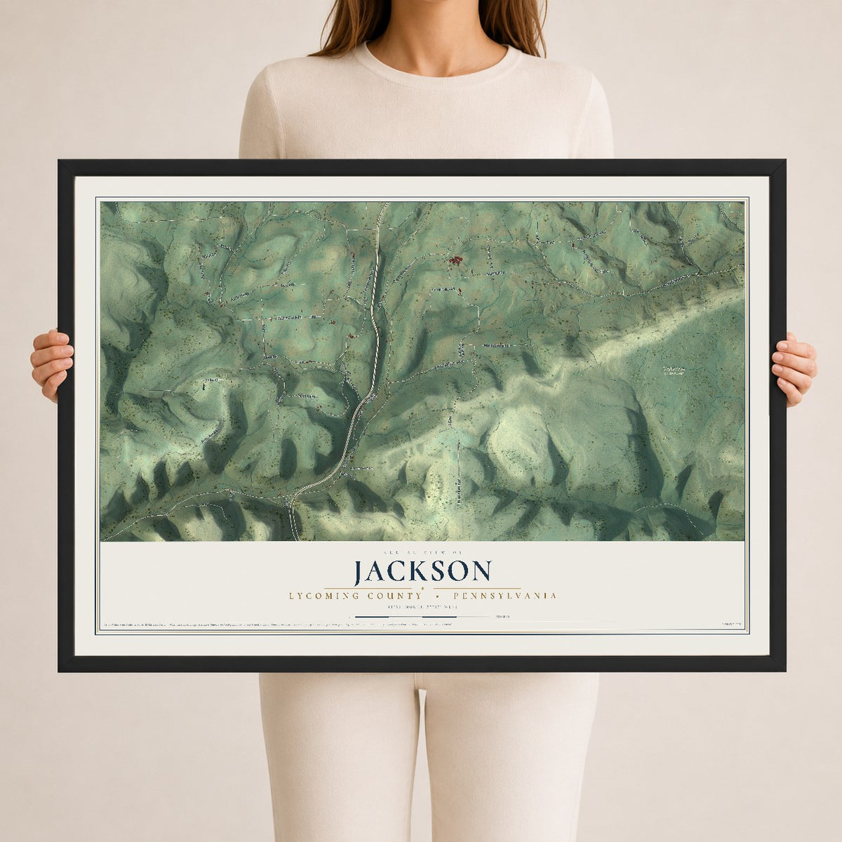 Map of Jackson, Lycoming County, Pennsylvania, 24 x 36 inch print in a black wood frame