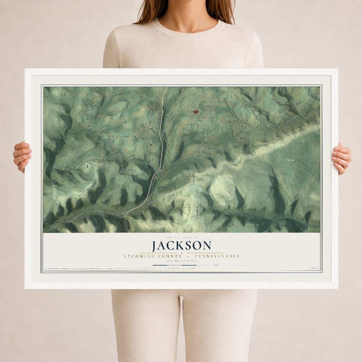Map of Jackson, Lycoming County, Pennsylvania, 24 x 36 inch print in a white wood frame