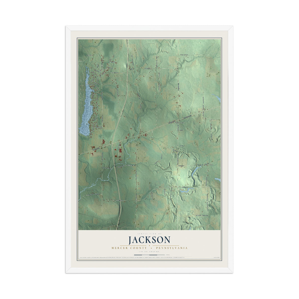 Map of Jackson, Mercer County, Pennsylvania, 12 x 18 inch print in a white wood frame