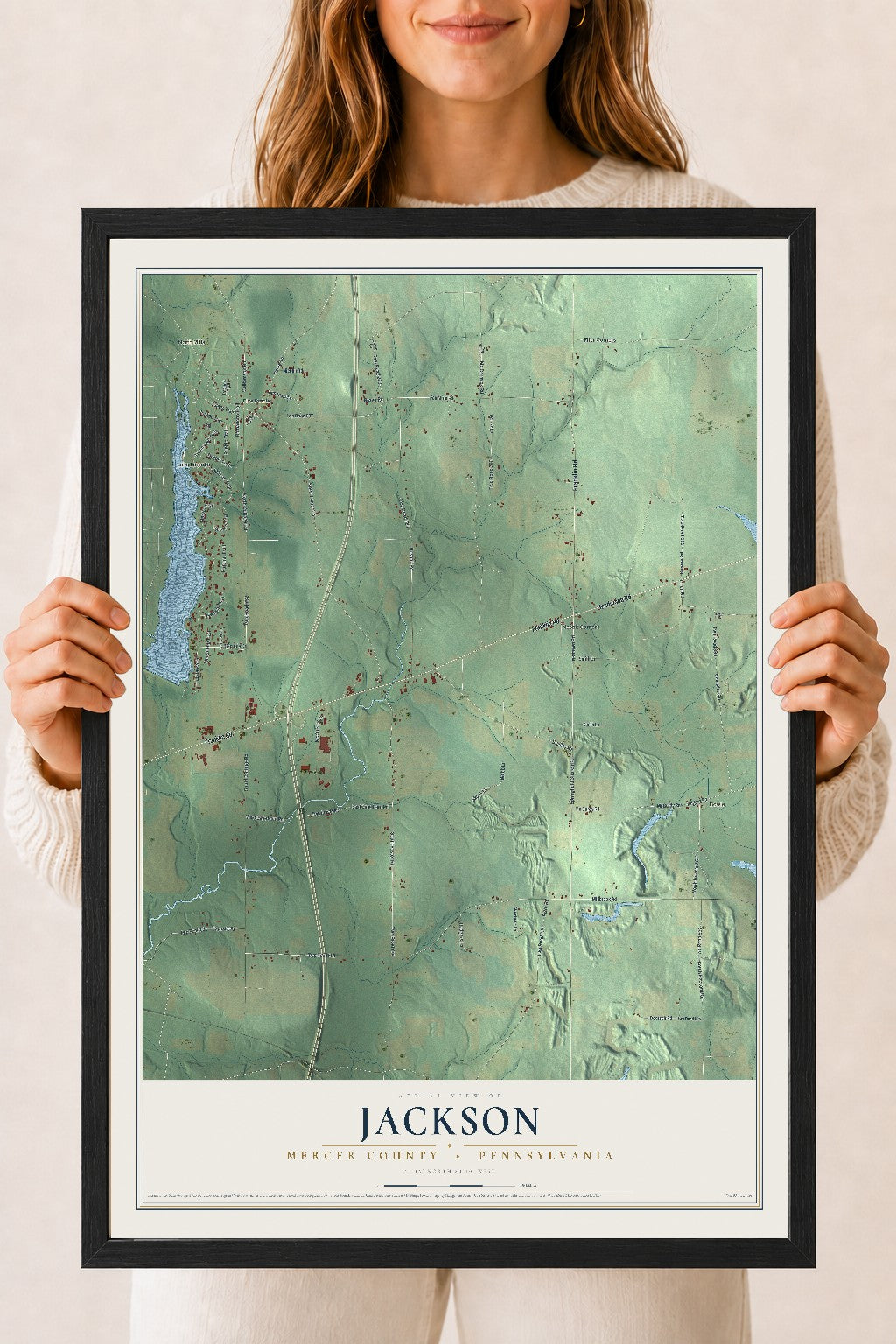 Map of Jackson, Mercer County, Pennsylvania, 18 x 24 inch print in a black wood frame