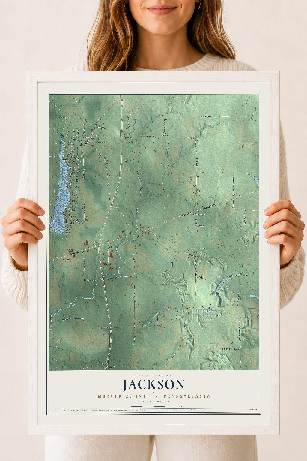 Map of Jackson, Mercer County, Pennsylvania, 18 x 24 inch print in a white wood frame